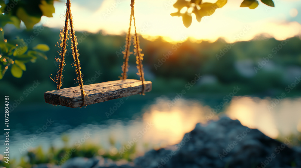 Poster wooden swing hangs from tree, gently swaying in breeze at dusk, evoking sense of nostalgia and solit