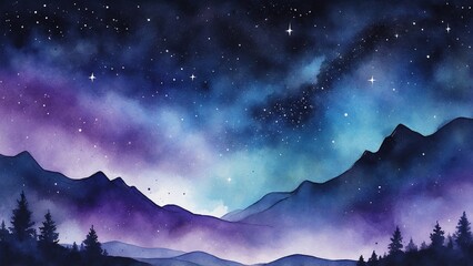 Naklejka premium Starry night sky watercolor landscape with mountains on dark background
