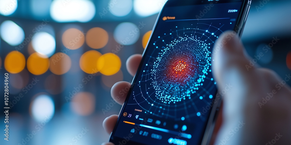 Poster person holding smartphone displaying digital network visualization with vibrant colors and bokeh background, illustrating technology and connectivity