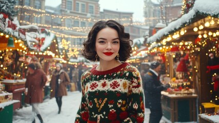 Obraz premium Woman in Festive Sweater at a Snowy Christmas Market