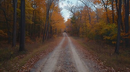 Obraz premium A Gravel Road Winding Through a Canopy of Autumn Trees