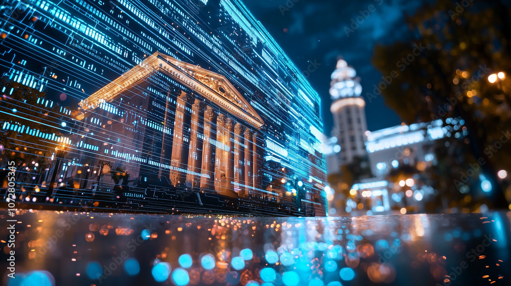 Poster government building with holographic projections of economic data creates futuristic atmosphere, ble