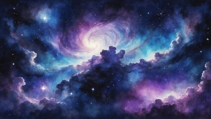 Stunning galaxy watercolor painting featuring swirling colors and bright stars