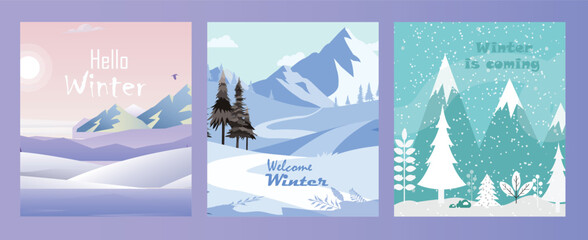 Set of winter backgrounds with snowy natural landscapes