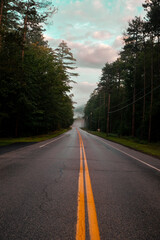 Obraz premium straightaway asphalt Country road with double yellow lines in forested area of NH
