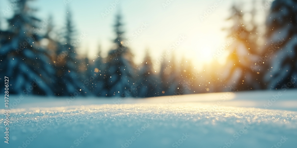 Poster snow covered pine trees glow under winter sun, creating serene and magical atmosphere with sparkling