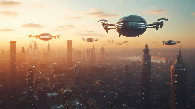 Futuristic cityscape with flying vehicles and sleek architecture. Utopia. Illustration