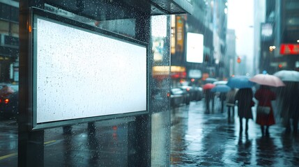Illustrate a vertical blank white billboard at a bus stop on a rainy day, with raindrops visible on the glass. Show reflections of surrounding buildings on wet pavement and people using umbrellas as
