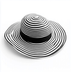 Striped black and white womens straw hat isolated on white background
