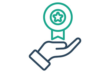 Benefits icon. line icon style. hand with medal. icon related to motivation. success elements vector illustration