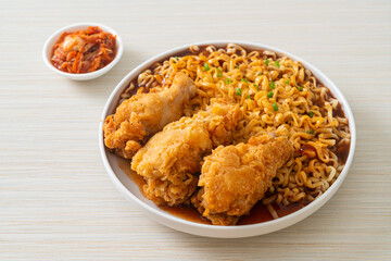 Korean instant noodles with fried chicken or Fried chicken ramyeon