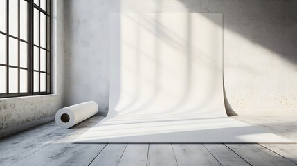 Depict a photographic studio featuring a white backdrop paper roll, with strong lights creating interesting textures and shadows on the floor. The empty setting should emphasize the versatility of