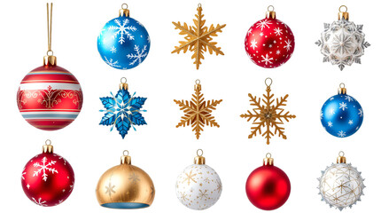 Festive Christmas Ornaments and Snowflakes isolated on transparent white background, png