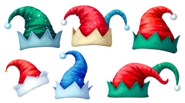 A set of seven classic red Santa Claus hats with fluffy white trim, shown from different angles isolated on transparent white background, png