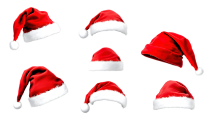 A set of seven classic red Santa Claus hats with fluffy white trim, shown from different angles isolated on transparent white background, png