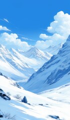 Fototapeta premium snowy mountain landscape with a lone person on a snowboard