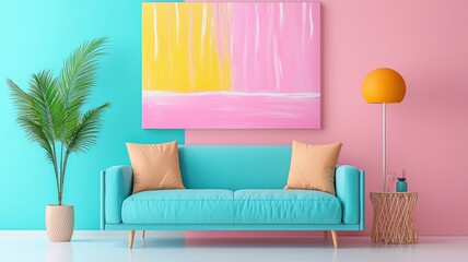 A vibrant living room featuring a turquoise couch and colorful wall art.