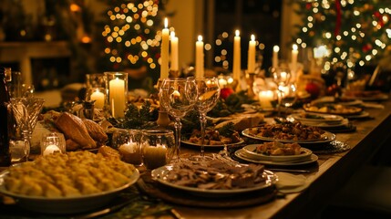 Fototapeta premium Candlelit Table Setting with Food and Wine Glasses
