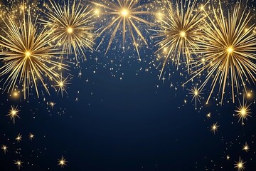 The background is dark blue, with golden fireworks on the left and right sides of the picture. The vector illustration style features exquisite details, a light gold color scheme, high resolution.