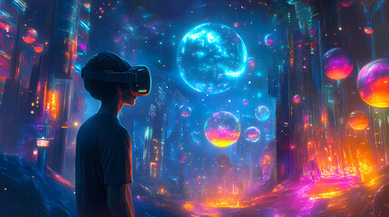 Illustrate a person delving into a vibrant digital landscape via a vr headset exploring a universe of glowing neon lights and virtual wonders. Utopia. Illustration