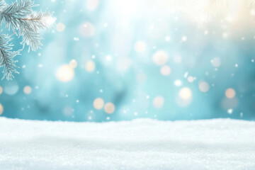 serene winter scene featuring snow covered ground and frosty branches, creating peaceful atmosphere with soft bokeh lights in background