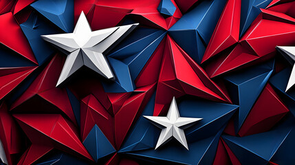Obraz premium Abstract red and blue geometric shapes with white star motifs and artistic design.
