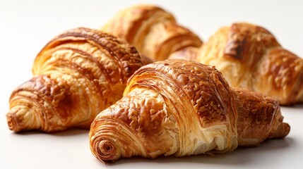 Four golden brown croissants on a white background.