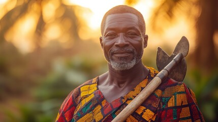 Fototapeta premium A proud Ghanaian farmer holding a hoe at sunset, celebrating Farmers' Day in traditional attire.