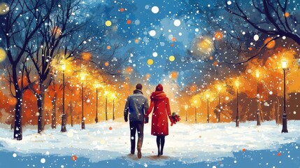 A Couple Walking Hand-in-Hand Through a Snowy, Illuminated Park at Night