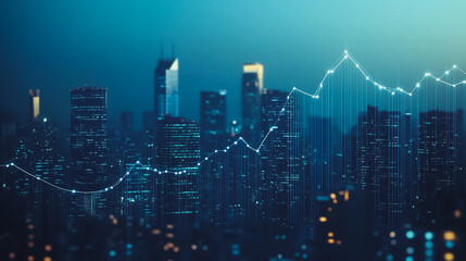 Obraz premium Smart digital Innovation Business skyscrapers in the Financial District with connection network reciprocity over the cityscape. of future smart wireless digital city and social media networking