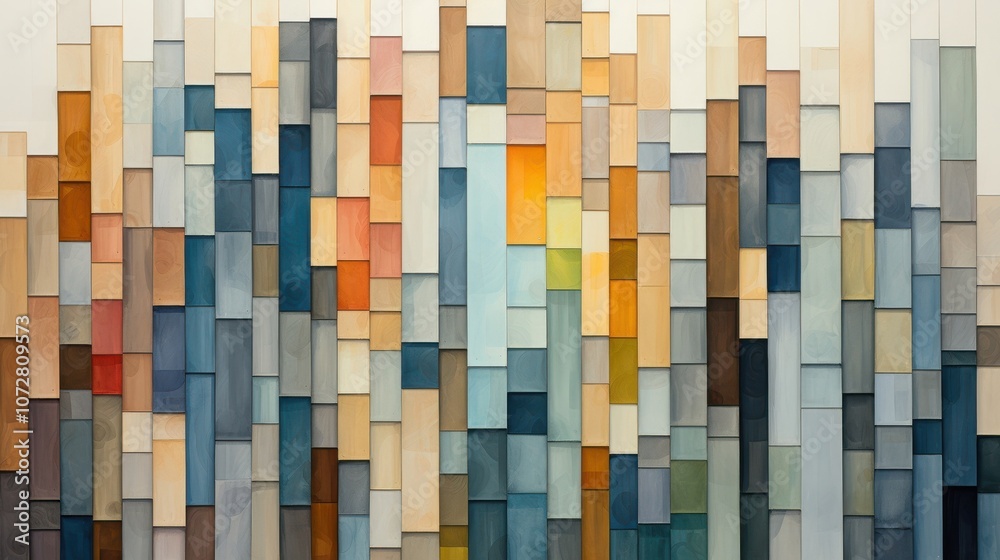 Wall mural abstract geometric pattern of rectangular shapes in a variety of muted colors creating a visual rhyt