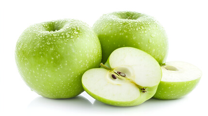 Green apple isolate. Apples on white background,Perfect Fresh Green Apple Isolated on White Background with water drop in Full Depth,of Field , Fresh organic apple,Whole and half slice and green 
