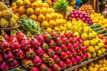 Ripe Yellow Mango and Red Dragon Fruit Displayed in Rows at a Vibrant Thai Market, Capturing the Essence of Asian Fresh Produce with Long Exposure Technique