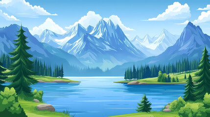 Fototapeta premium Mountains background lake mountain scene attribution patches sky nature utopia earth. Utopia. Illustration