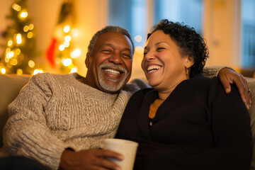 A joyful, diverse couple sits together on a cozy sofa in a warmly decorated holiday living room, drinking hot cocoa, sharing a laugh. A heartwarming scene with soft, warm lighting, festive background