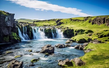 A serene waterfall cascading into a clear river, surrounded by lush green landscapes.