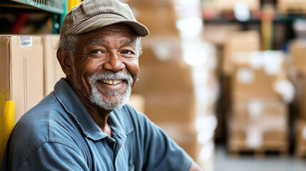 Obraz premium .An older warehouse worker smiling while packing boxes, showcasing experience and positivity