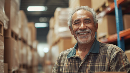 Fototapeta premium .An older warehouse worker smiling while packing boxes, showcasing experience and positivity
