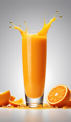 “Bright Orange Juice in a Tall Glass” – A Tall Glass of Fresh Orange Juice with Droplets on an Isolated Background