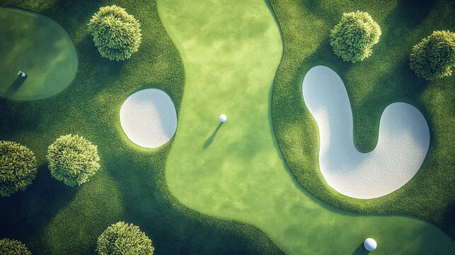 An overhead view of a golf course map alongside a ball and club, all on a clean, simple backdrop