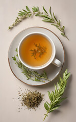 “Traditional Herbal Tea in a Ceramic Cup” – A Ceramic Cup of Herbal Tea with a Sprig of Herbs on a Neutral Background