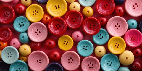 Obraz premium A Colorful Medley of Buttons Arranged on a Vibrant Red Background, Celebrating a World of Texture and Design