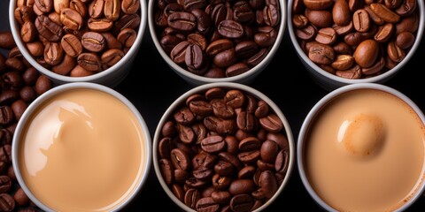 A close-up arrangement of coffee beans and creamy coffee in white cups, showcasing the rich aroma and delicate texture of this beloved beverage.