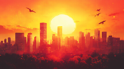 Fototapeta premium Sunset over the city, futuristic city skyline with advanced infrastructure, modern urban development. Utopia. Illustration