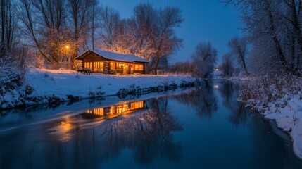 Fototapeta premium A Cozy Cabin Lit Up at Dusk on a Snowy Riverbank