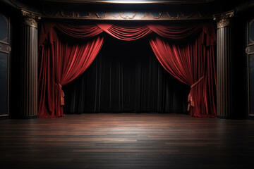 Theater Stage with Red Curtains. Luxury Theater Background, copy space