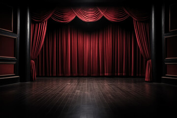 Luxury Theater Background. Theater Stage with Red Curtains and Spotlight