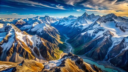 Obraz premium Scenic Aerial View of a Majestic Snow-Capped Mountain Range in New Zealand, Showcasing the Breathtaking Landscape Beneath a Clear Blue Sky in Perfect Rule of Thirds Composition