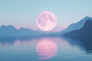 A huge, round, glowing moon in the sky over calm water with reflections and mountains on the horizon. 