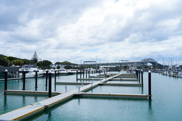 Fototapeta premium Serene Marina Landscape with Calm Waters and Moored Boats Surrounded by Lush Greenery and Overcast Sky, Ideal for Travel and Nature Themes